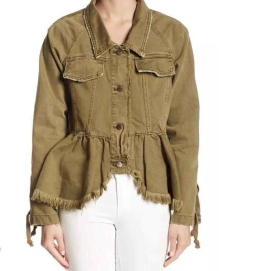 Free People Olive Military Peplum Frayed Hem Blazer Jacket M
